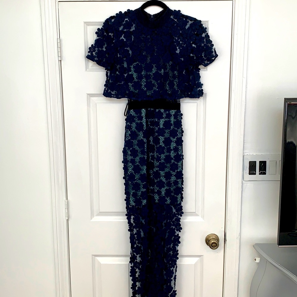Navy floral lace gown wedding guest